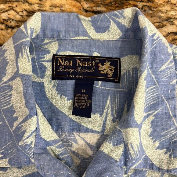 ❤️Last Chance Nat Nast Linen Short Sleeve Feather Print Hawaiian Shirt Size M - Picture 5 of 9
